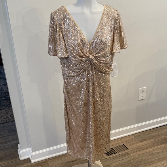 Alex Evenings 14 Taupe Rose Gold Sequin Dress with Knot Detail - Picture 1 of 9